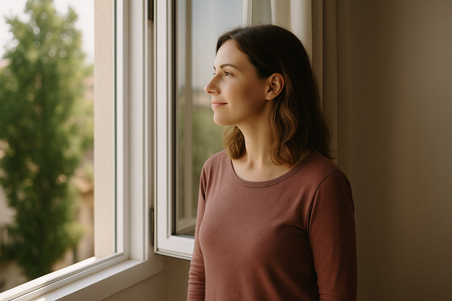 Mujer mirando por la ventana con expresión tranquila – agorafobia – Alma Psicología Puerto de Sagunto