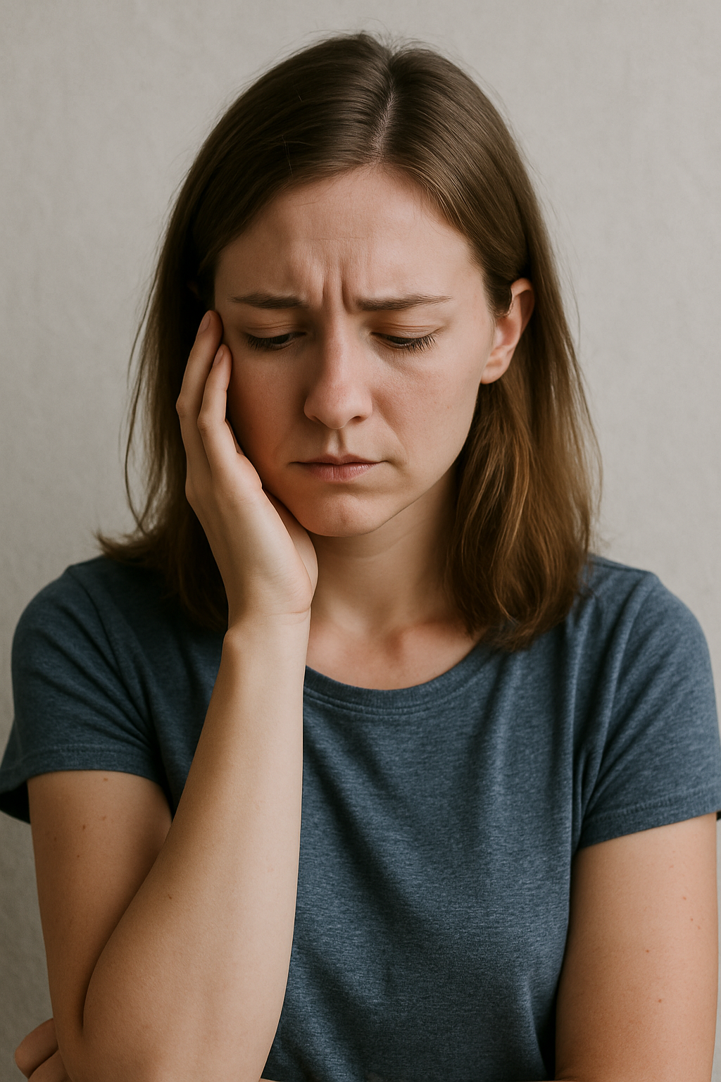 Mujer adulta con expresión pensativa tocándose el rostro – Asertividad emocional en adultos