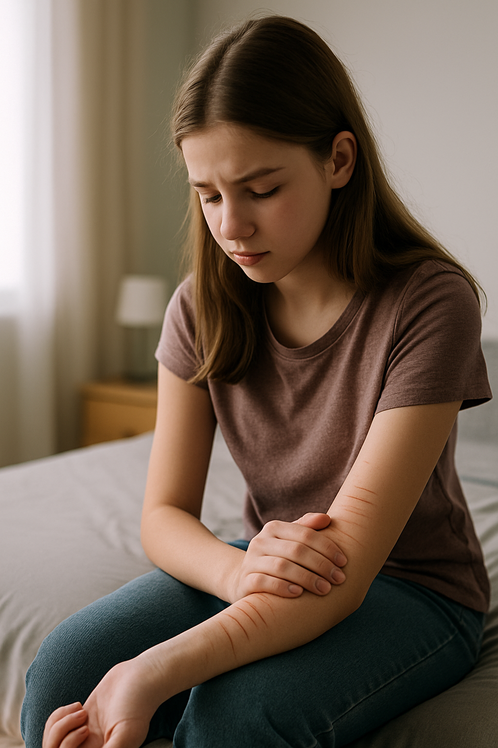 Fotografía de una adolescente con expresión triste, mirando al suelo, representando el malestar emocional asociado a las autolesiones en la adolescencia