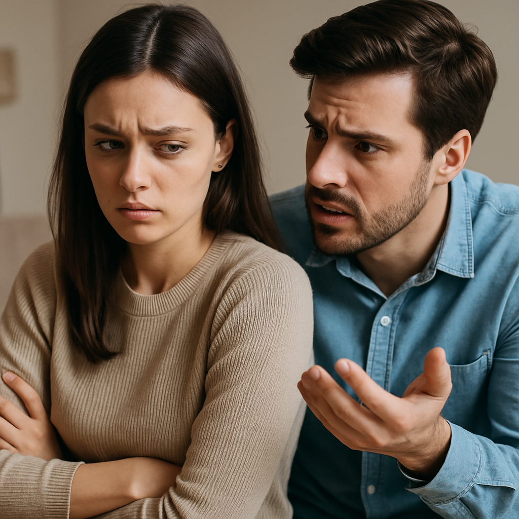 Pareja joven discutiendo en el sofá, con expresión de enfado y tristeza por problemas de celos en la relación. alma psicologia