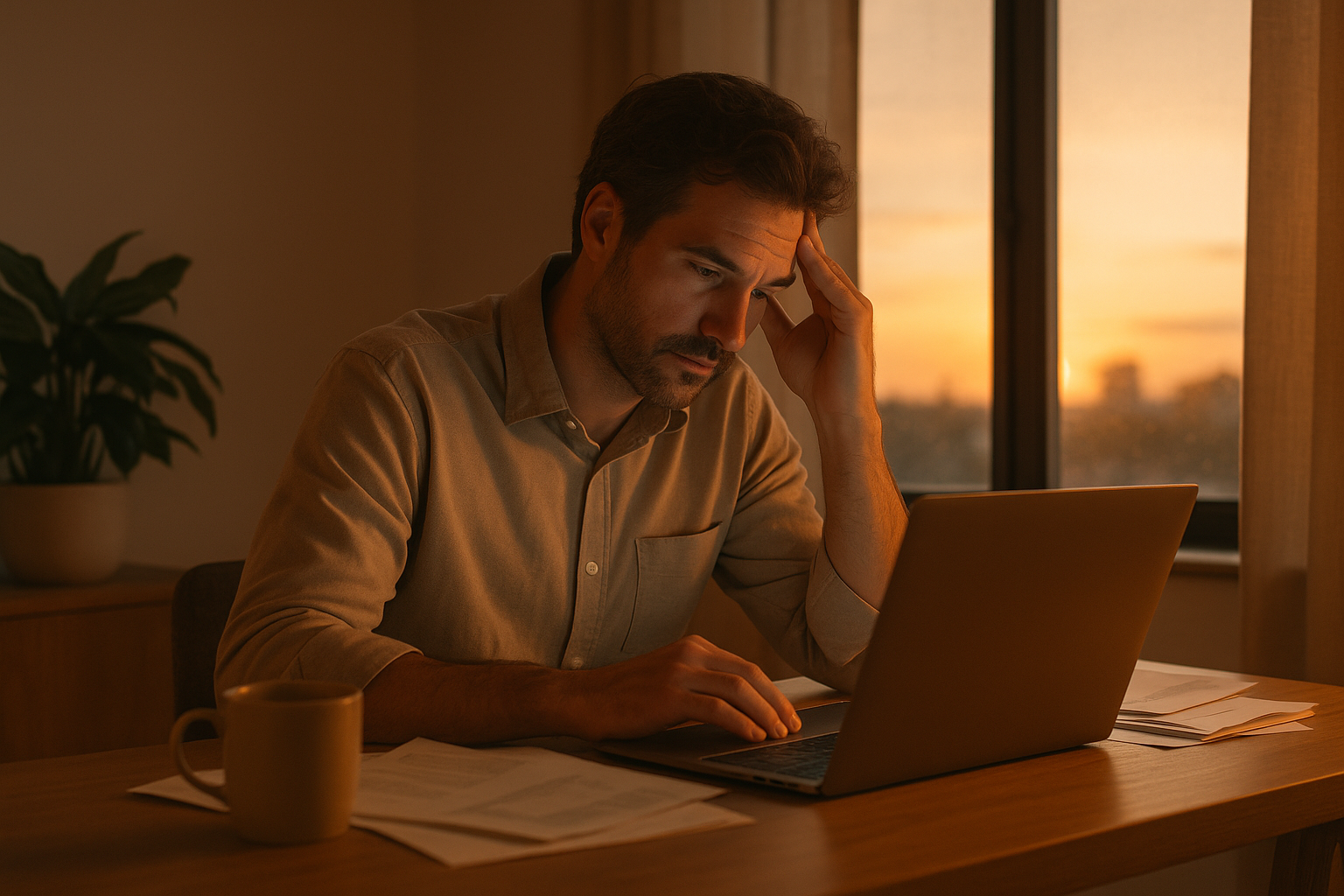 hombre frente al ordenador al atardecer – adicción al trabajo – Alma Psicología Puerto de Sagunto