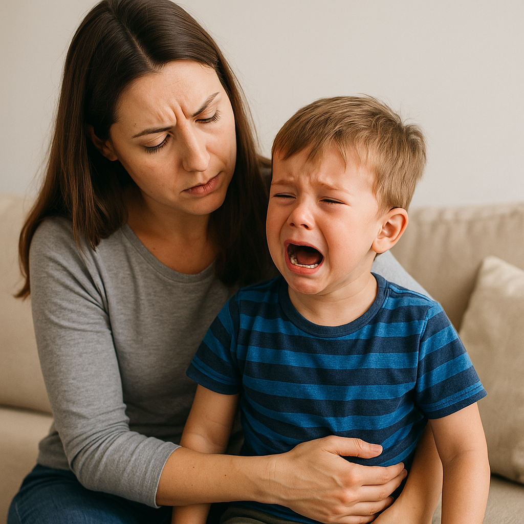 Niño acompañado por su madre durante una rabieta – rabietas infantiles en Puerto de Sagunto