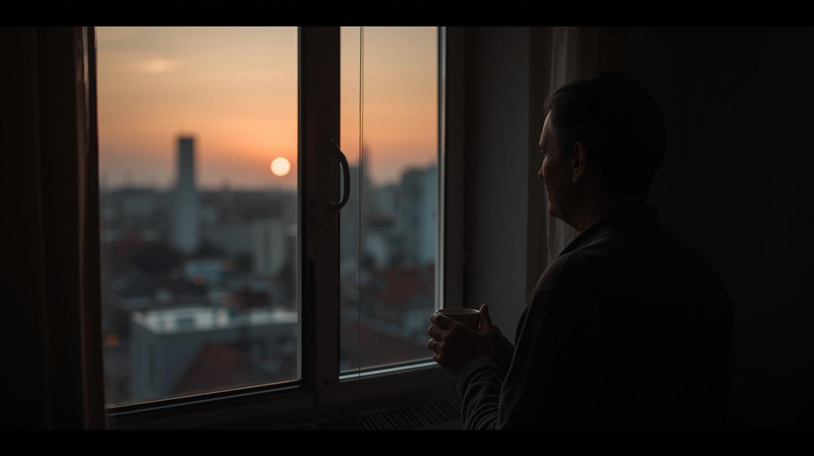 hombre adulto junto a una ventana con luz natural, cuaderno y taza; escena realista de calma y recuperación emocional con distimia