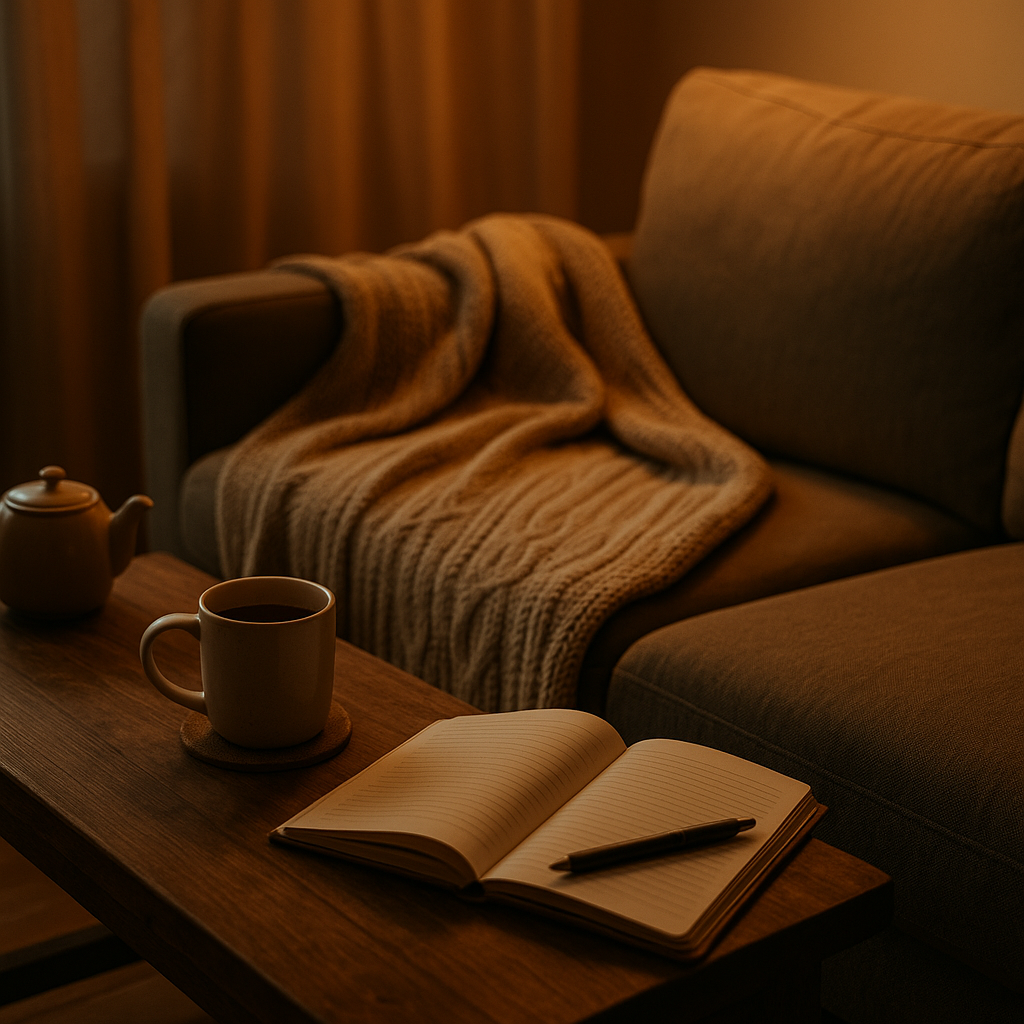 Una fotografía de un salón acogedor iluminado con luz cálida, con una manta de punto sobre el sofá, una taza de té sobre una mesa de madera y un cuaderno abierto con un bolígrafo, que transmite calma, pausa e introspección.