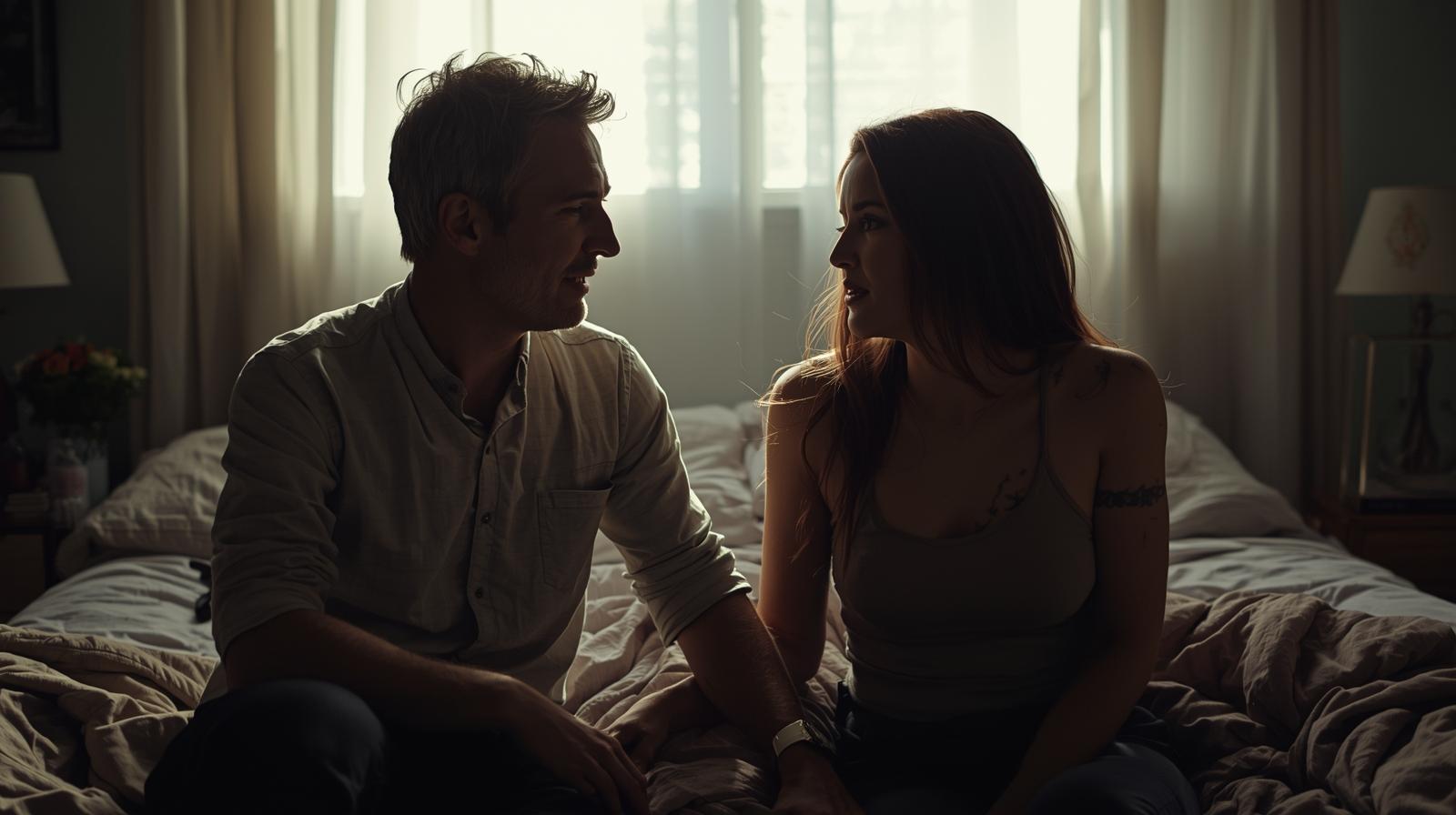 pareja en la cama hablando.. Eyaculación precoz y ansiedad en la relación de pareja.