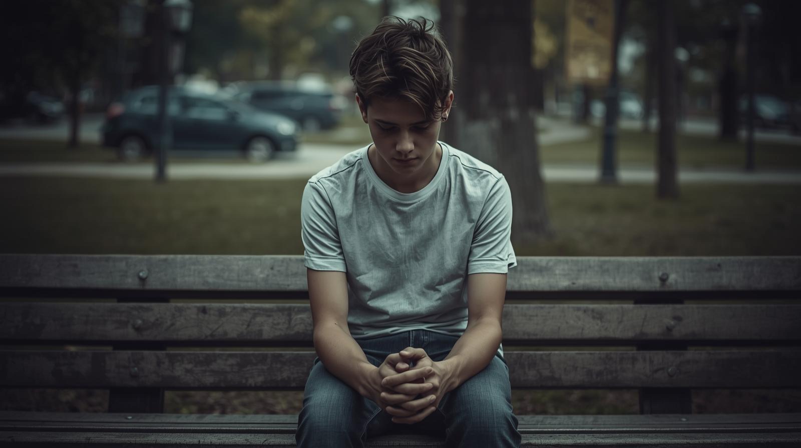 Persona joven sentada sola en un banco, con expresión de inseguridad y retraimiento social en un entorno urbano tranquilo mostrando fobia social