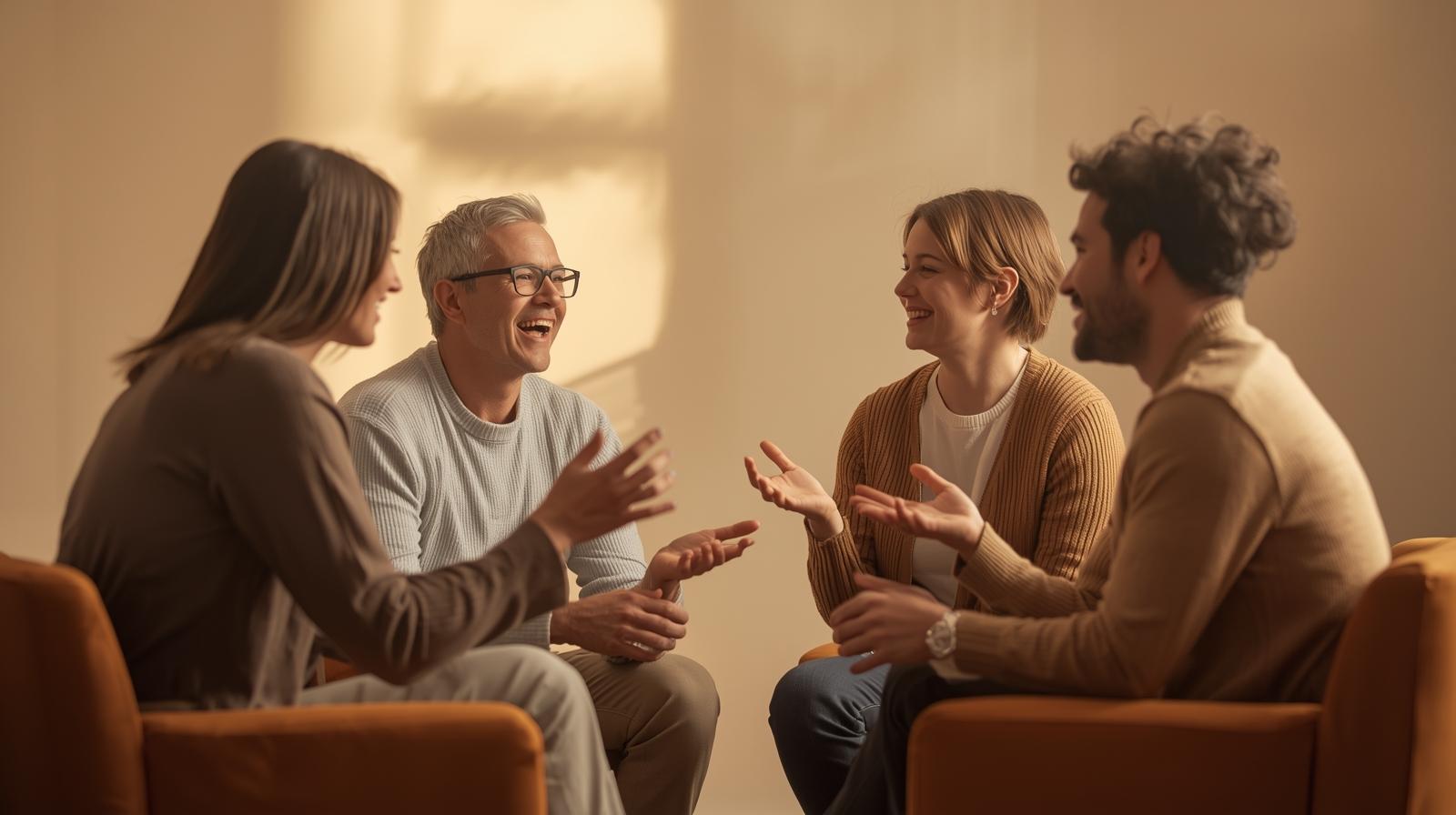 Imagen de varios adultos y adolescentes conversando en un ambiente de confianza, representando el desarrollo de habilidades sociales en terapia psicológica