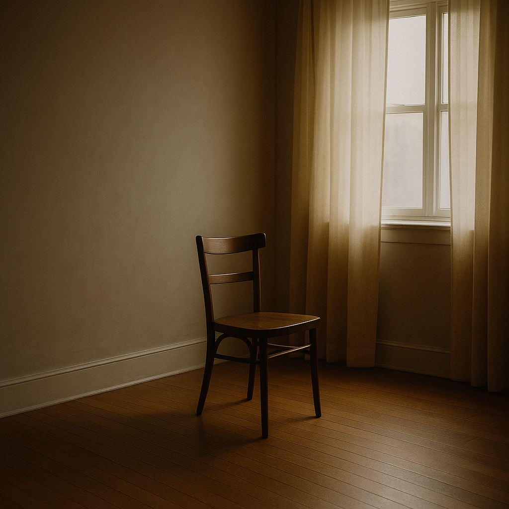 Fotografía de una habitación minimalista con una silla de madera junto a una ventana iluminada por luz natural suave, evocando introspección y calma emocional.