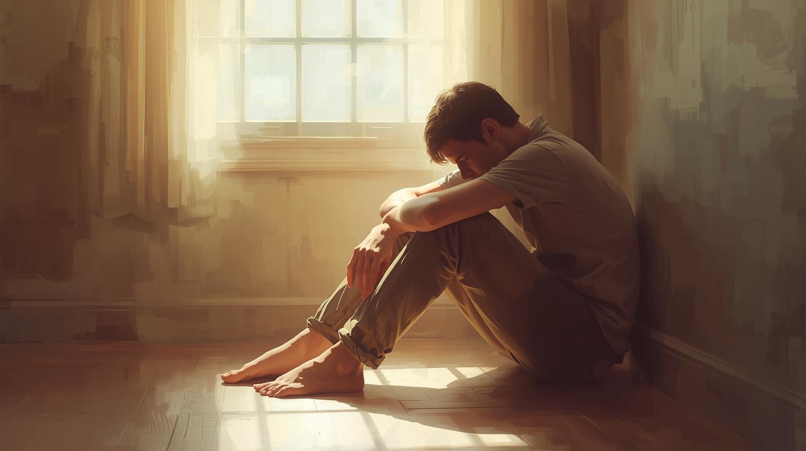 hombre reflexivo junto a una ventana, con expresión de duda y calma, representando el miedo al compromiso.