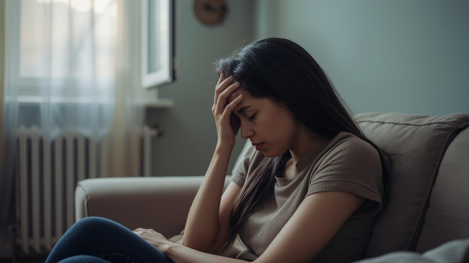 Imagen de una mujer sentada sola en el borde de una cama, con expresión de agobio emocional. La habitación está suavemente iluminada, transmitiendo un ambiente íntimo y vulnerable. Representa la sensación de inestabilidad emocional en la vida cotidiana.