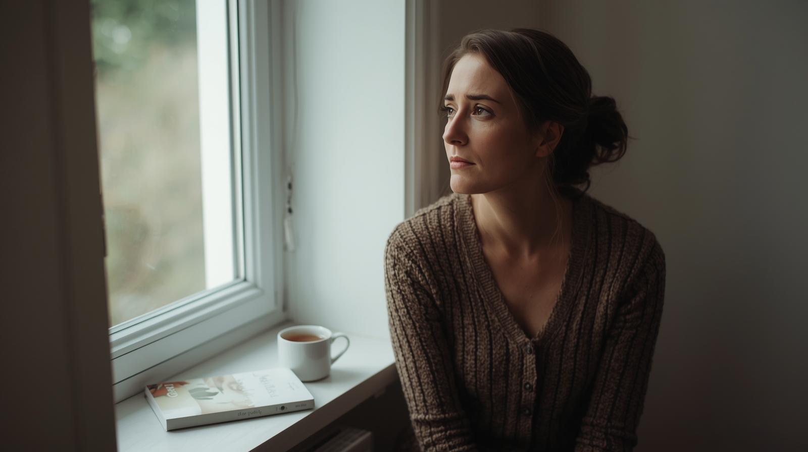 mujer reflexiva sentada junto a una ventana pensando en su deseo de ser madre, muestra infertilidad