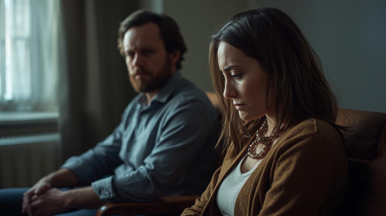 pareja sentada con distanciamiento dado a una Infidelidad y ruptura de la confianza en la pareja, alma psicologia