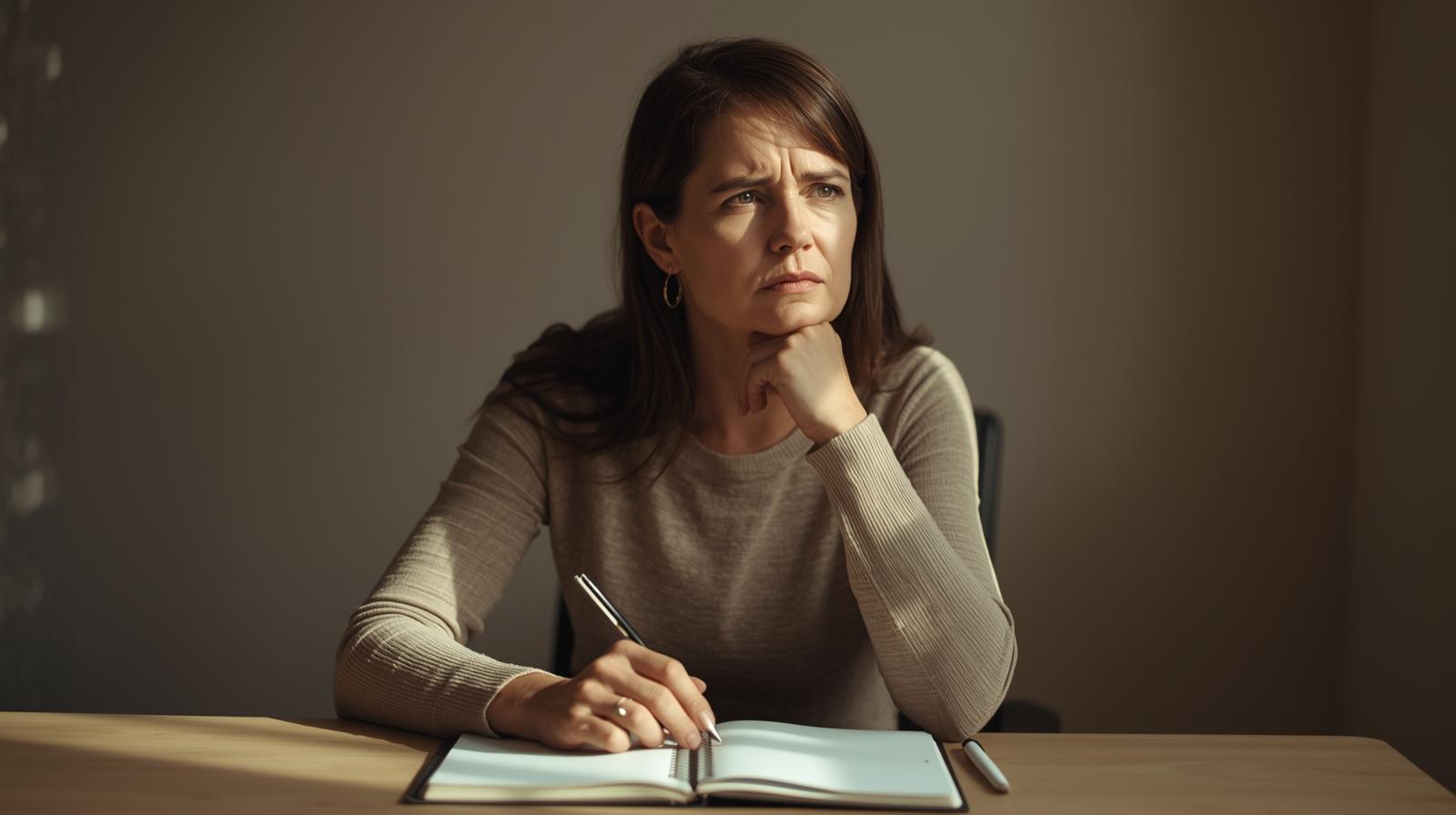 Mujer adulta pensativa en terapia por inseguridad emocional