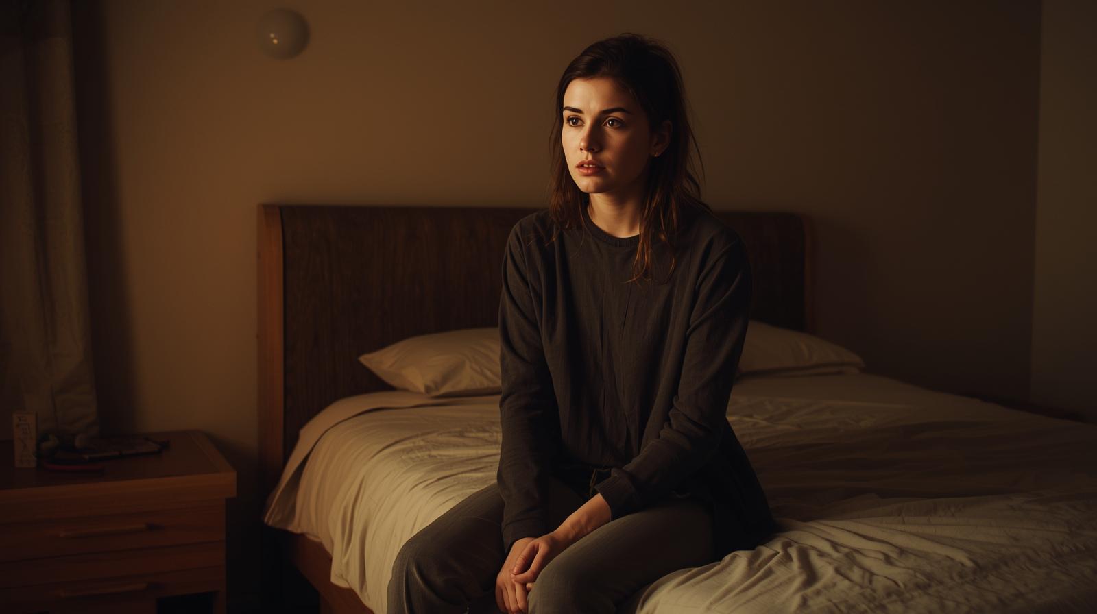 Fotografía realista de una mujer joven sentada en el borde de una cama, con expresión pensativa y gesto de introspección, en una habitación cálida y ordenada. La escena transmite miedo al sexo.