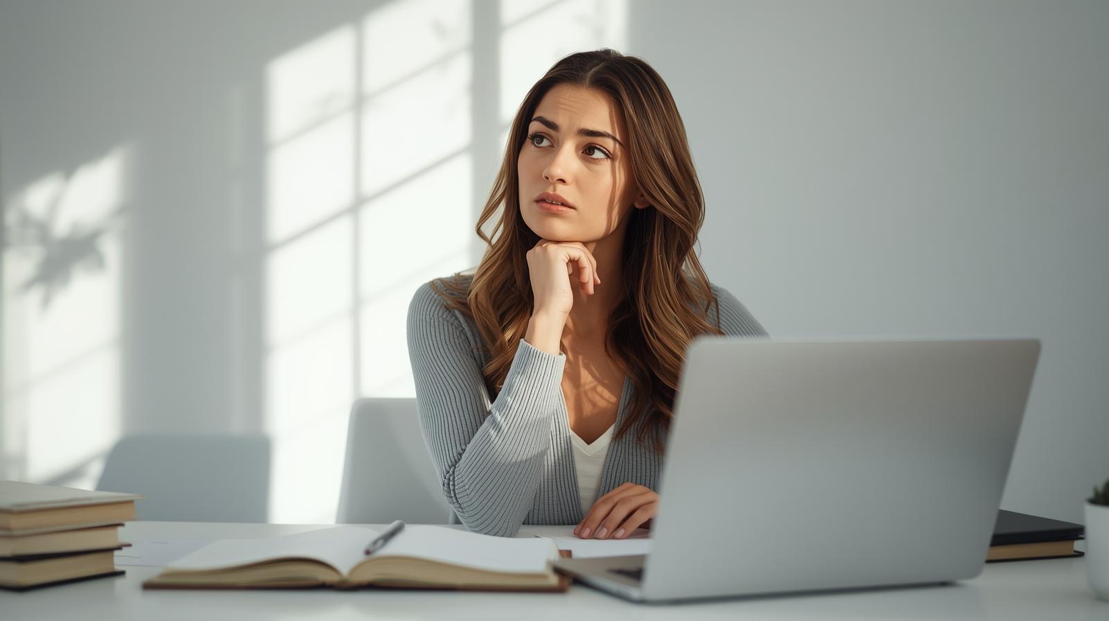 Mujer adulta perfeccionista trabajando con ansiedad en casa simulando el perfeccionismo