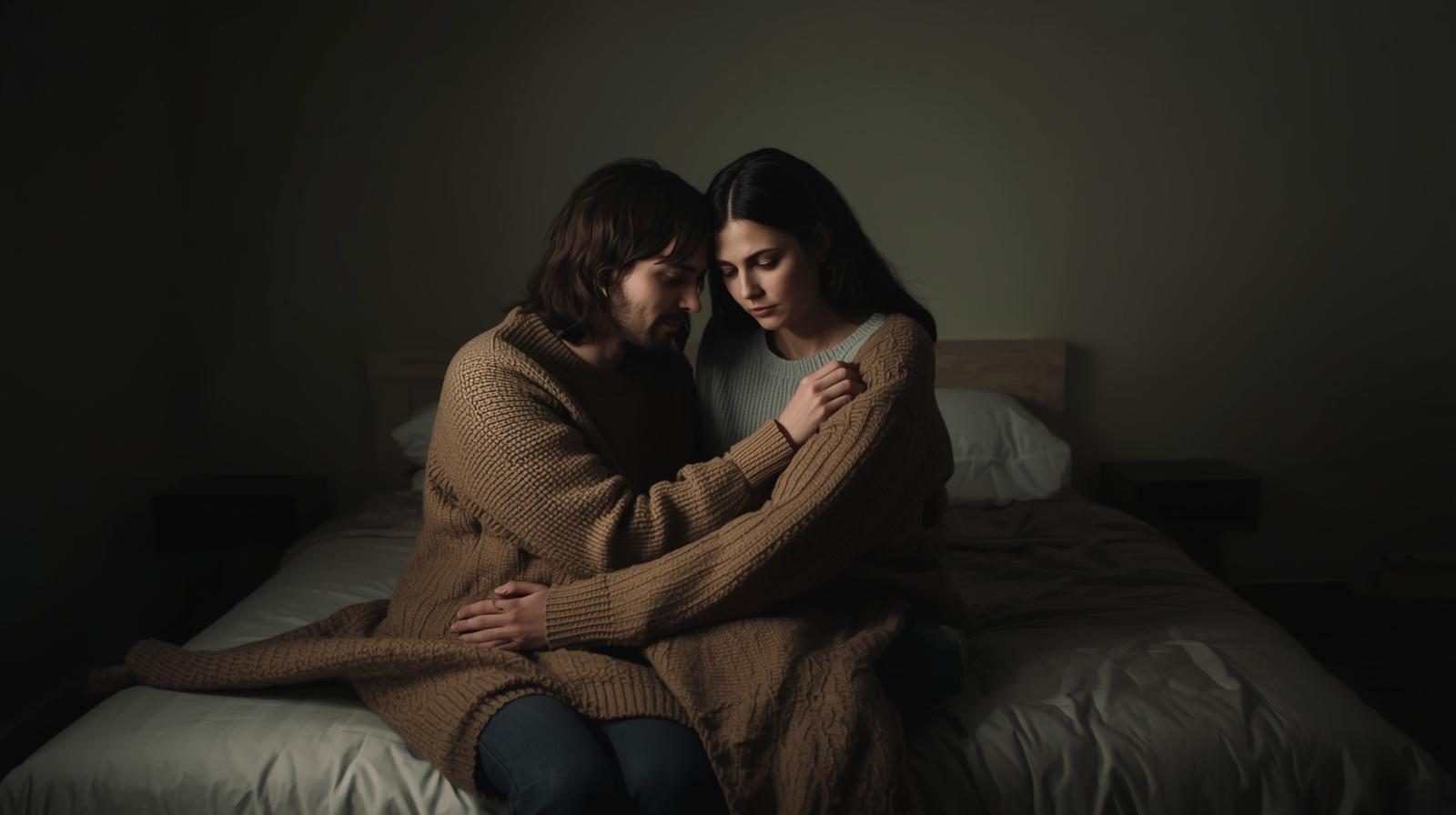 pareja de unos 40 años en el borde de la cama en un ambiente de preocupación sexual y que tienen que ir a terapia sexual