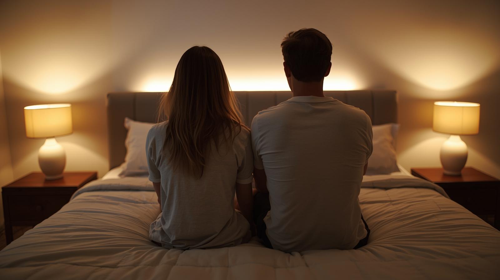 Pareja sentada en la cama sin mirarse, con gesto serio y distancia emocional, en una habitación con luz cálida. Imagen que transmite desconexión y falta de deseo sexual en la relación.