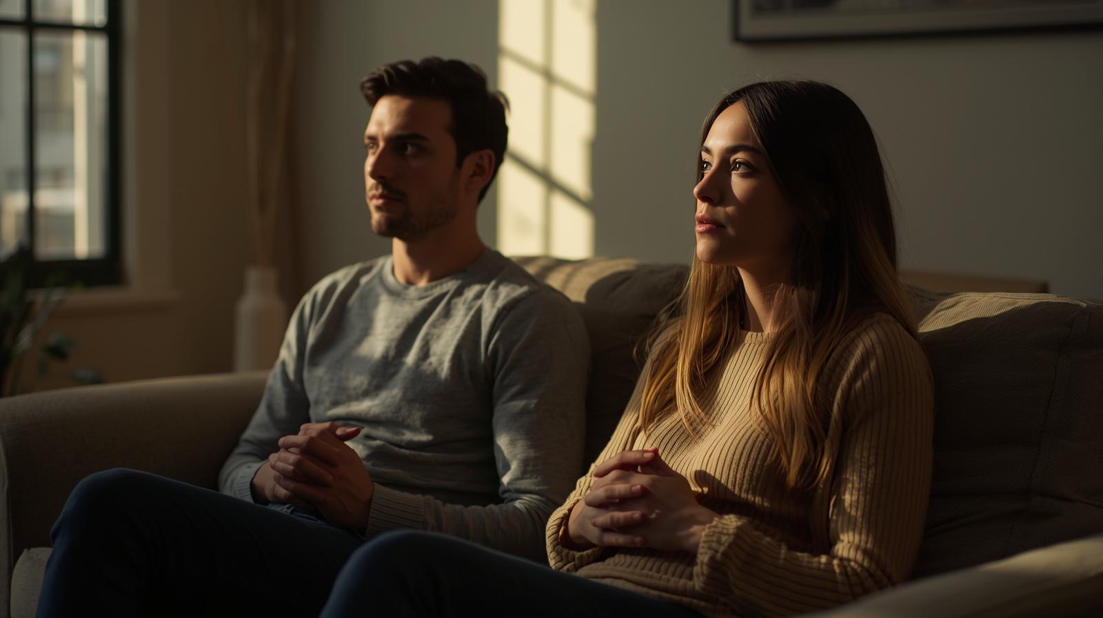 Fotografía emocional de una pareja sentada en silencio, procesando una herida emocional en un entorno cálido, simulando el perdón en la pareja