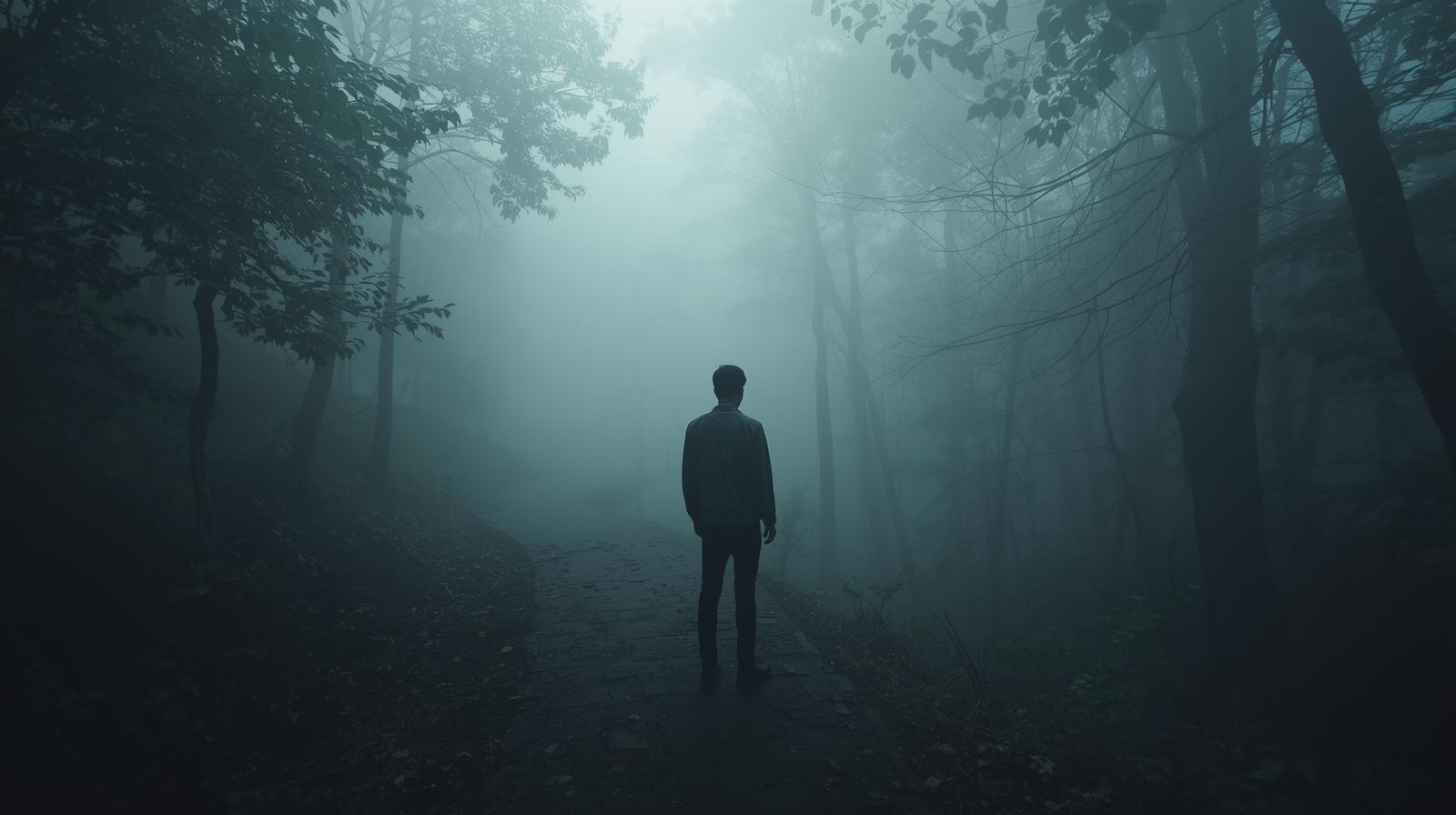 Persona de espaldas en un bosque con niebla, transmitiendo introspección y sensación de miedo interior como ujna fobia