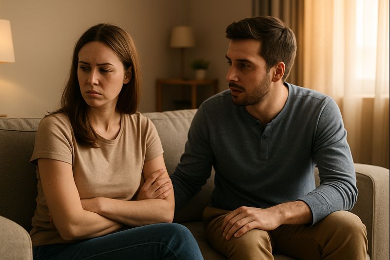 Pareja sentada en el sofá con tensión emocional y distancia silenciosa en el hogar con problemas de conviencia