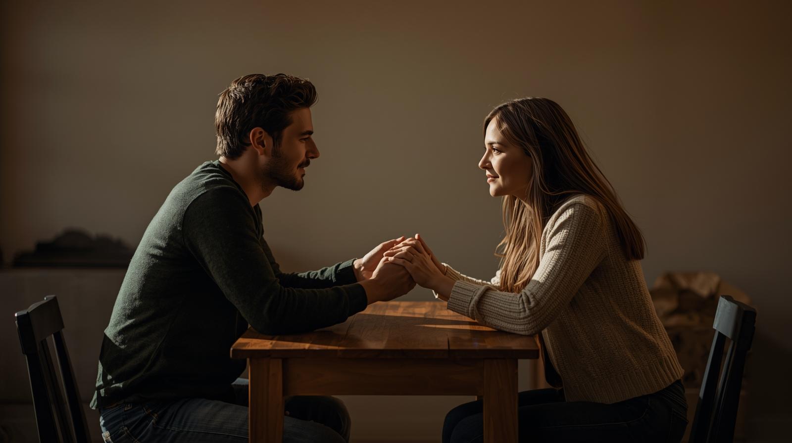 Imagen emocional de una pareja mirándose con vulnerabilidad mientras se toman de las manos, simbolizando recuperar la confianza.