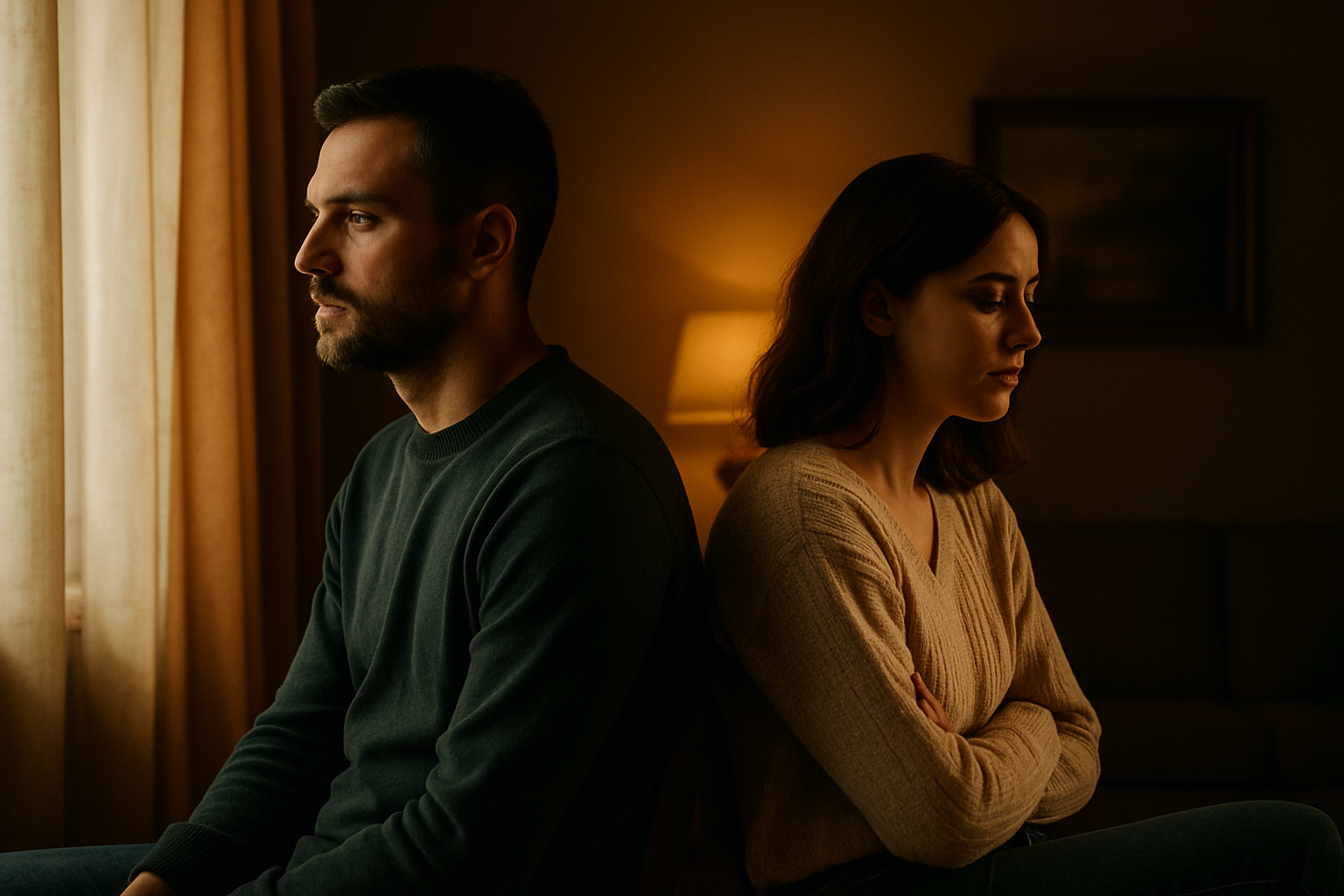 Pareja sentada en silencio, cada uno mirando en direcciones opuestas, en un entorno cálido y emocionalmente cargado, reflejando tensión y distancia en la relación.