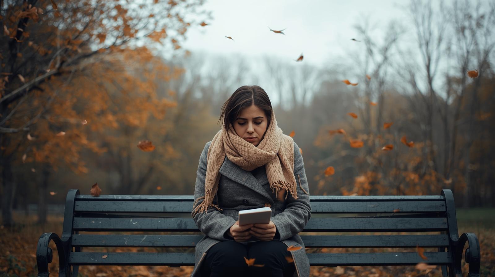 Mujer sola en un parque otoñal con expresión de tristeza por trastorno adaptativo