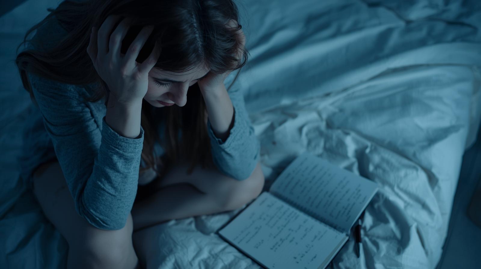 Mujer joven angustiada por pensamientos obsesivos, en su habitación. Trastorno obsesivo compulsivo